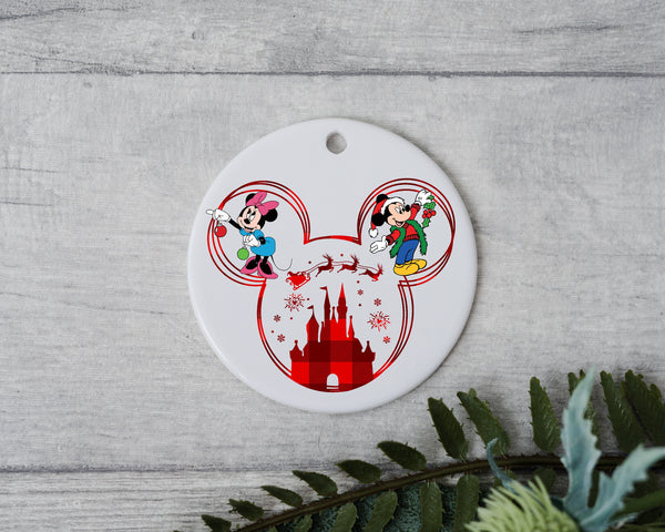 Mr. and Mrs. Mouse Couple Christmas Ornament - Santa Claus Sleigh Ride Over Magical Castle Ornament -  Unique and Cute Couple Love Ornament!