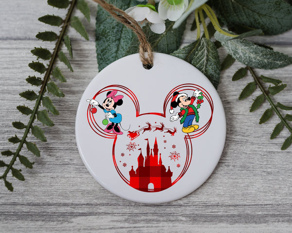 Mr. and Mrs. Mouse Couple Christmas Ornament - Santa Claus Sleigh Ride Over Magical Castle Ornament -  Unique and Cute Couple Love Ornament!