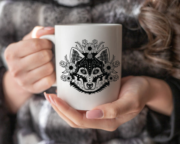 Husky Flower Coffee Mug, Day Of The Dead Celebration Mug, Día de los Muertos Mug, Dog Mugs, Gift Mug, Custom Mugs