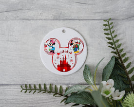 Mr. and Mrs. Mouse Couple Christmas Ornament - Santa Claus Sleigh Ride Over Magical Castle Ornament -  Unique and Cute Couple Love Ornament!