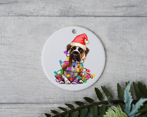 Boxer Christmas Light, Personalized Pet Ornament With Name, Custom Dog Christmas Ornament, Personalization Ornament, Dog with Santa Hat