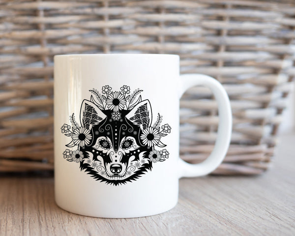 Husky Flower Coffee Mug, Day Of The Dead Celebration Mug, Día de los Muertos Mug, Dog Mugs, Gift Mug, Custom Mugs