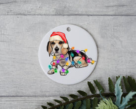 Beagle Christmas Light, Personalized Pet Ornament With Name, Custom Dog Christmas Ornament, Personalization Ornament, Dog with Santa Hat