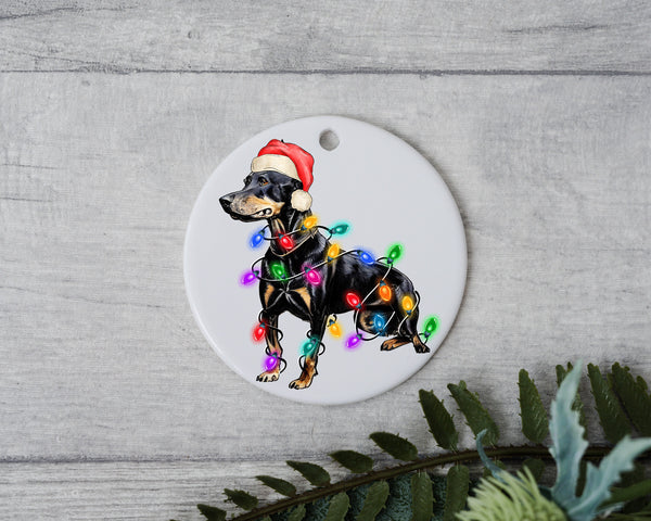 Doberman Christmas Light, Personalized Pet Ornament With Name, Custom Dog Christmas Ornament, Personalization Ornament, Dog with Santa Hat