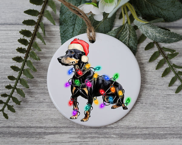 Doberman Christmas Light, Personalized Pet Ornament With Name, Custom Dog Christmas Ornament, Personalization Ornament, Dog with Santa Hat