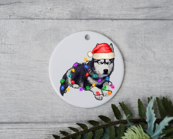 Siberian Dog Christmas, Personalized Pet Ornament W/ Name, Custom Dog Christmas Ornament, Dog Ornament, Dog W/ Santa Hat, Santa's Helper