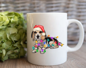 Beagle Christmas Light Coffee Mug, Personalized Pet Mug With Name, Custom Dog Christmas Gift Mug, Dog with Santa Hat, Beagle Owner Gift Mug