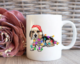 Beagle Christmas Light Coffee Mug, Personalized Pet Mug With Name, Custom Dog Christmas Gift Mug, Dog with Santa Hat, Beagle Owner Gift Mug