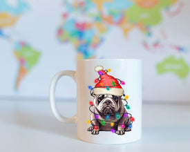 Bulldog Xmas Light Coffee Mug, Personalized Pet Mug With Name, Custom Dog Christmas Gift Mug, Dog with Santa Hat, Bulldog Owner Gift Mug