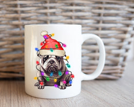 Bulldog Xmas Light Coffee Mug, Personalized Pet Mug With Name, Custom Dog Christmas Gift Mug, Dog with Santa Hat, Bulldog Owner Gift Mug