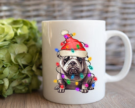 Bulldog Xmas Light Coffee Mug, Personalized Pet Mug With Name, Custom Dog Christmas Gift Mug, Dog with Santa Hat, Bulldog Owner Gift Mug