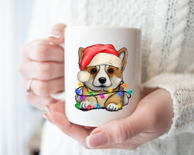 Corgi Xmas Light Coffee Mug, Personalized Pet Mug With Name, Custom Dog Christmas Gift Mug, Dog with Santa Hat, Corgi Owner Gift Mug