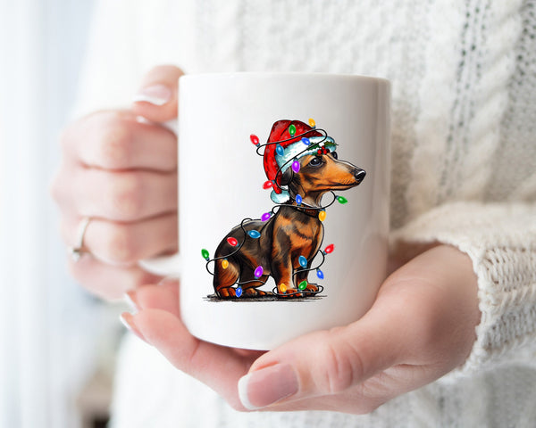 Dachshund Xmas Light Coffee Mug, Personalized Pet Mug With Name, Custom Dog Christmas Gift Mug, Dog with Santa Hat, Dachshund Owner Gift Mug