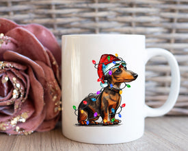 Dachshund Xmas Light Coffee Mug, Personalized Pet Mug With Name, Custom Dog Christmas Gift Mug, Dog with Santa Hat, Dachshund Owner Gift Mug