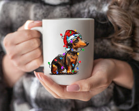 Dachshund Xmas Light Coffee Mug, Personalized Pet Mug With Name, Custom Dog Christmas Gift Mug, Dog with Santa Hat, Dachshund Owner Gift Mug