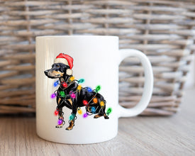 Doberman Xmas Light Coffee Mug, Personalized Pet Mug With Name, Custom Dog Christmas Gift Mug, Dog with Santa Hat, Doberman Owner Gift Mug