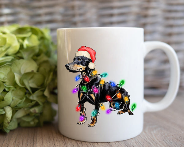 Doberman Xmas Light Coffee Mug, Personalized Pet Mug With Name, Custom Dog Christmas Gift Mug, Dog with Santa Hat, Doberman Owner Gift Mug