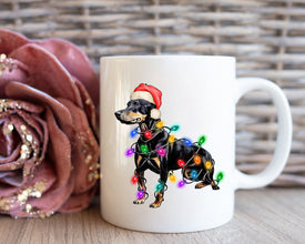 Doberman Xmas Light Coffee Mug, Personalized Pet Mug With Name, Custom Dog Christmas Gift Mug, Dog with Santa Hat, Doberman Owner Gift Mug