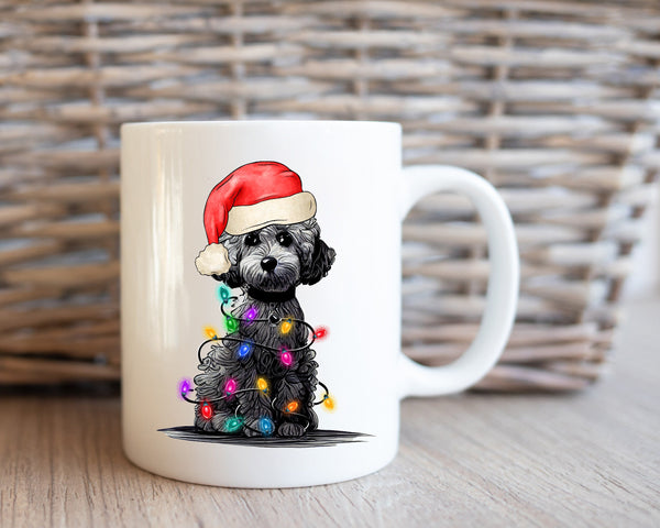 Poodle With Xmas Light Mug, Personalized Pet Mug With Name, Custom Dog Christmas Gift Mug, Dog with Santa Hat, Poodle Gift