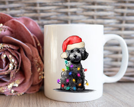 Poodle With Xmas Light Mug, Personalized Pet Mug With Name, Custom Dog Christmas Gift Mug, Dog with Santa Hat, Poodle Gift