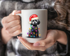 Poodle With Xmas Light Mug, Personalized Pet Mug With Name, Custom Dog Christmas Gift Mug, Dog with Santa Hat, Poodle Gift