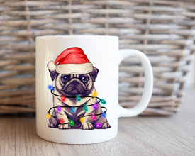 Pug With Xmas Light Mug, Personalized Pet Mug With Name, Custom Dog Christmas Gift Mug, Dog with Santa Hat, Pug Gift