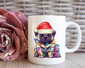 Pug With Xmas Light Mug, Personalized Pet Mug With Name, Custom Dog Christmas Gift Mug, Dog with Santa Hat, Pug Gift