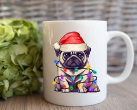 Pug With Xmas Light Mug, Personalized Pet Mug With Name, Custom Dog Christmas Gift Mug, Dog with Santa Hat, Pug Gift