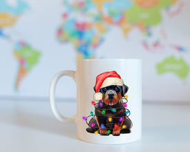 Rottweiler With Xmas Light Mug, Personalized Pet Mug With Name, Custom Dog Christmas Gift Mug, Dog with Santa Hat, Rottweiler Gift