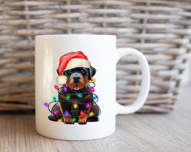 Rottweiler With Xmas Light Mug, Personalized Pet Mug With Name, Custom Dog Christmas Gift Mug, Dog with Santa Hat, Rottweiler Gift