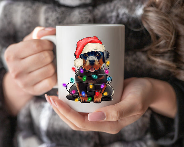 Rottweiler With Xmas Light Mug, Personalized Pet Mug With Name, Custom Dog Christmas Gift Mug, Dog with Santa Hat, Rottweiler Gift