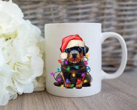 Rottweiler With Xmas Light Mug, Personalized Pet Mug With Name, Custom Dog Christmas Gift Mug, Dog with Santa Hat, Rottweiler Gift