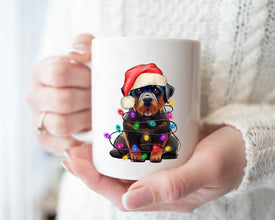 Rottweiler With Xmas Light Mug, Personalized Pet Mug With Name, Custom Dog Christmas Gift Mug, Dog with Santa Hat, Rottweiler Gift