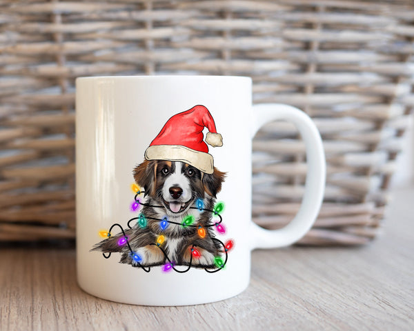 Shepherd With Xmas Light Mug, Personalized Pet Mug With Name, Custom Dog Christmas Gift Mug, Dog with Santa Hat, Shepherd Coffee Mug Gift