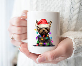 Yorkshire With Xmas Light Mug, Personalized Pet Mug With Name, Custom Dog Christmas Gift Mug, Dog with Santa Hat, Yorkshire  Gift Mug