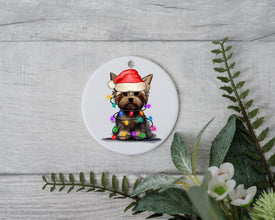 Yorkshire Christmas Light, Personalized Pet Ornament With Name, Custom Dog Christmas Ornament, Personalization Ornament, Dog with Santa Hat