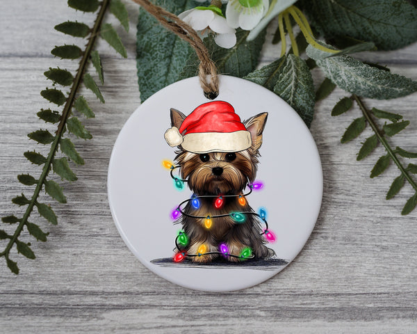 Yorkshire Christmas Light, Personalized Pet Ornament With Name, Custom Dog Christmas Ornament, Personalization Ornament, Dog with Santa Hat