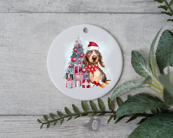 Dachshund Christmas Tree Ornament, Personalized Pet Ornament W/ Name, Custom Dog Christmas Ornament, Personalization Ornament, Dog Santa Hat