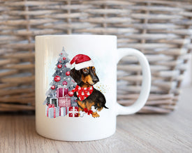 Dachshund Christmas Tree Mug, Personalized Pet Mug With Name, Custom Dog Christmas Gift Mug, Dog with Santa Hat, Dachshund Owner Gift Mug