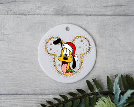 Cartoon Pluto In Santa Hat Christmas Ornament - Gold Mouse Trim Christmas Ornament - Pluto's Winter Wonderland Whimsical Christmas Gift!