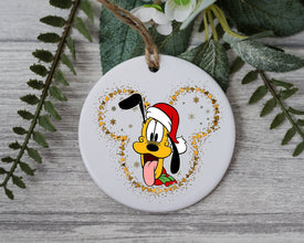 Cartoon Pluto In Santa Hat Christmas Ornament - Gold Mouse Trim Christmas Ornament - Pluto's Winter Wonderland Whimsical Christmas Gift!