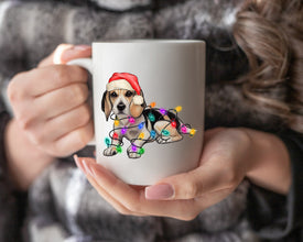 Beagle Christmas Light Coffee Mug, Personalized Pet Mug With Name, Custom Dog Christmas Gift Mug, Dog with Santa Hat, Beagle Owner Gift Mug