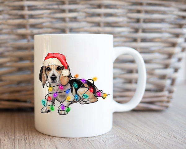 Beagle Christmas Light Coffee Mug, Personalized Pet Mug With Name, Custom Dog Christmas Gift Mug, Dog with Santa Hat, Beagle Owner Gift Mug