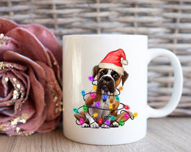 Boxer Christmas Light Coffee Mug, Personalized Pet Mug With Name, Custom Dog Christmas Gift Mug, Dog with Santa Hat, Boxer Owner Gift Mug