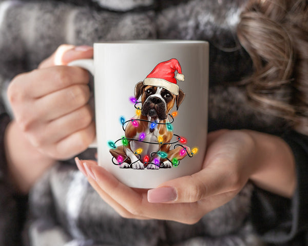 Boxer Christmas Light Coffee Mug, Personalized Pet Mug With Name, Custom Dog Christmas Gift Mug, Dog with Santa Hat, Boxer Owner Gift Mug