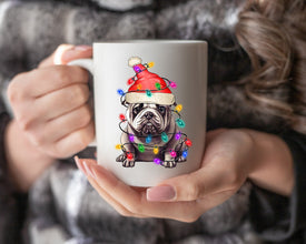 Bulldog Xmas Light Coffee Mug, Personalized Pet Mug With Name, Custom Dog Christmas Gift Mug, Dog with Santa Hat, Bulldog Owner Gift Mug