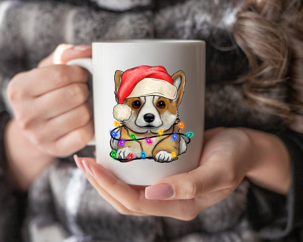 Corgi Xmas Light Coffee Mug, Personalized Pet Mug With Name, Custom Dog Christmas Gift Mug, Dog with Santa Hat, Corgi Owner Gift Mug