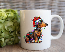 Dachshund Xmas Light Coffee Mug, Personalized Pet Mug With Name, Custom Dog Christmas Gift Mug, Dog with Santa Hat, Dachshund Owner Gift Mug