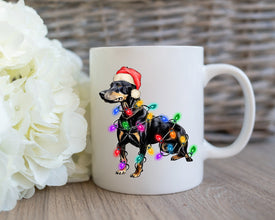 Doberman Xmas Light Coffee Mug, Personalized Pet Mug With Name, Custom Dog Christmas Gift Mug, Dog with Santa Hat, Doberman Owner Gift Mug