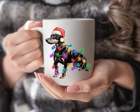 Doberman Xmas Light Coffee Mug, Personalized Pet Mug With Name, Custom Dog Christmas Gift Mug, Dog with Santa Hat, Doberman Owner Gift Mug